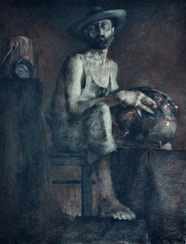 "Figură în interior" by Cristina Demian, 2017, 900x700mm, Russian sauce and sanguine on paper