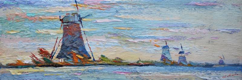 "Sunrise at Kinderdijk" by Anatol Ghimpu, 2020, 200x600mm, ulei pe pânză