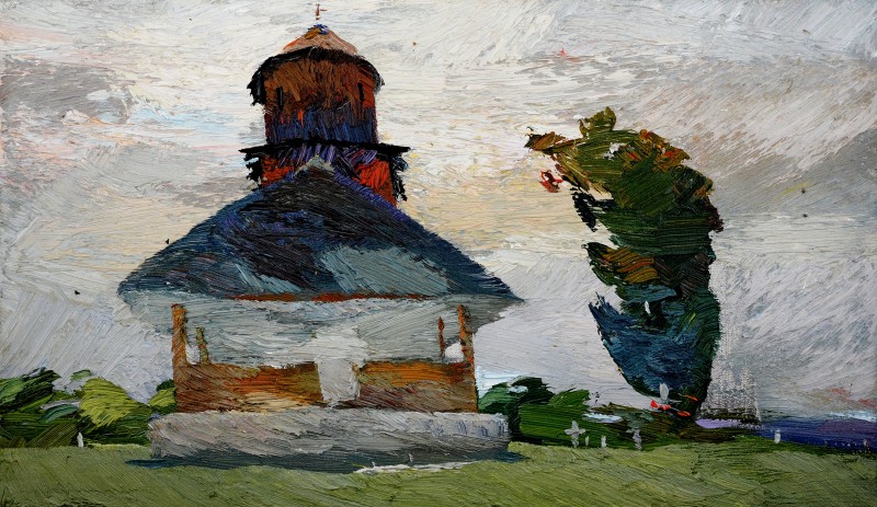 "Râmnicu-Vâlcea. Comuna Mihăiești" by Anatol Ghimpu, 2014, 300x520mm, ulei pe pânză
