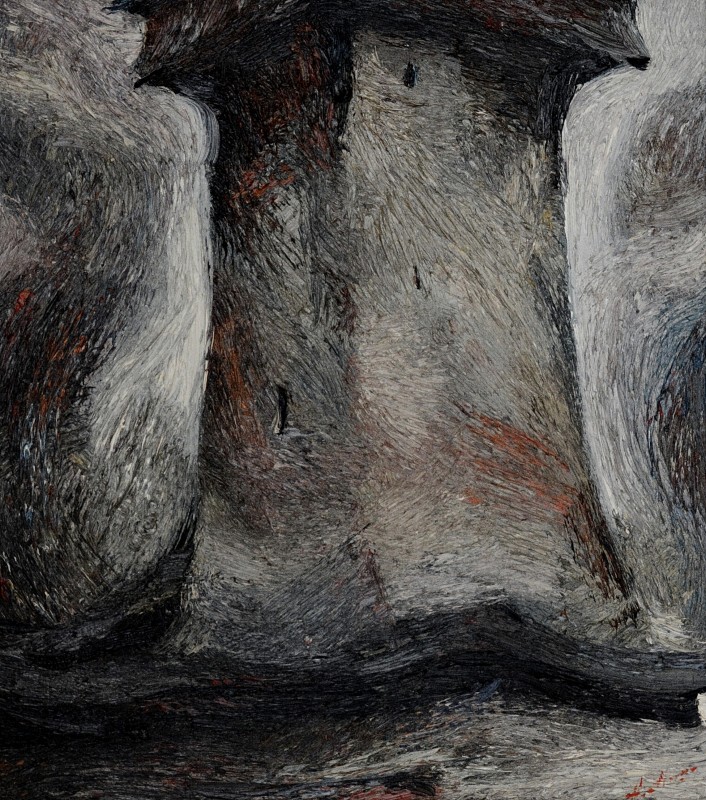 "The tower. Humor" by Anatol Ghimpu, 1999, 520x460mm, oil on canvas
