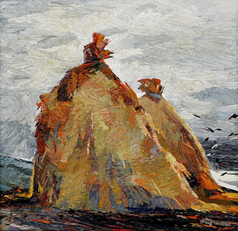 "Haystacks (Clăi)" by Anatol Ghimpu, 2005, 420x420mm, oil on canvas