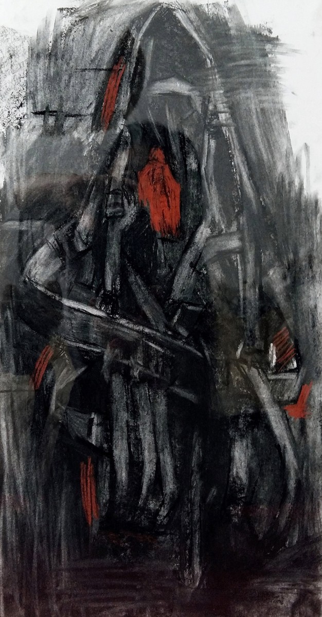 "Căpăstru" by Cezar Ciobanu, 2017, 400x200mm, Russian sauce and pastel on paper