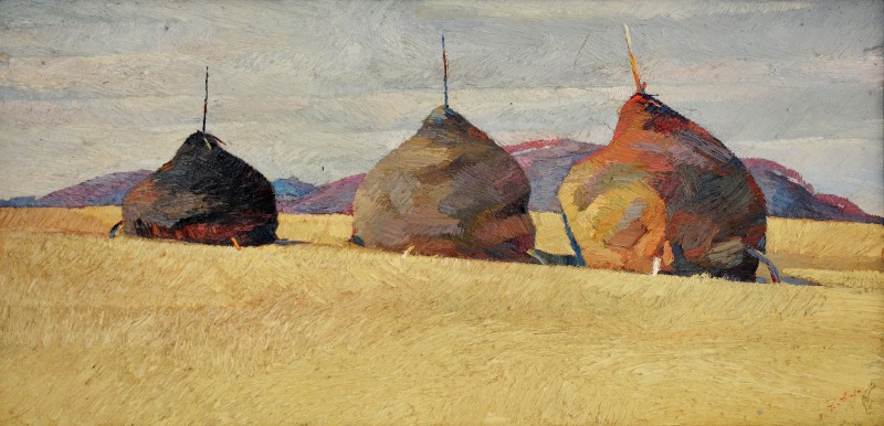 "Haystacks. Maramureș" by Anatol Ghimpu, 2000, 420x840mm, oil on canvas