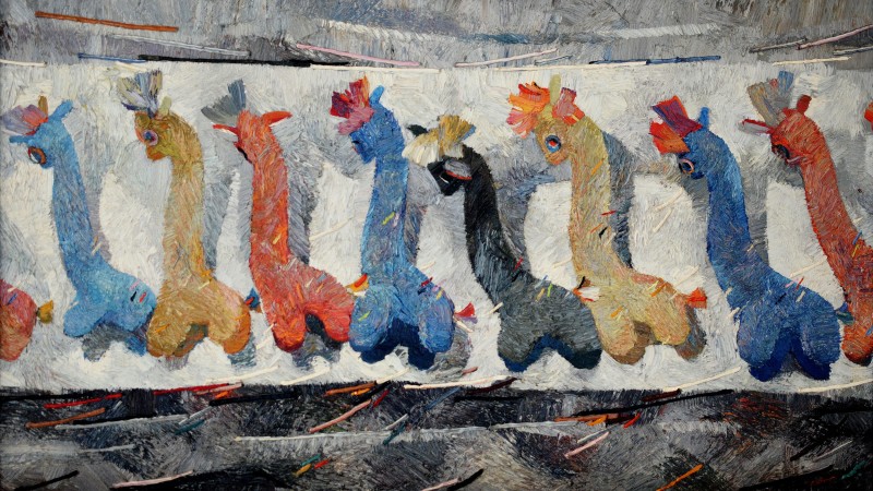"In the workshop. Giraffes II" by Anatol Ghimpu, 2001, 680x1200mm, oil on canvas
