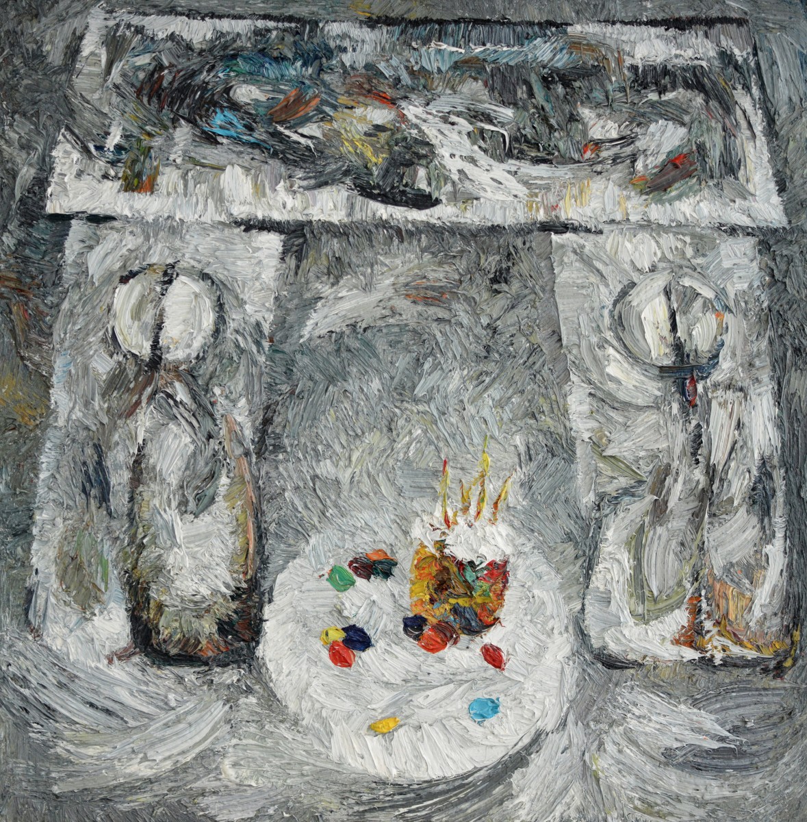 "Compoziție. Masa tăcerii" by Nina Apostol, 2020, 600x600mm, ulei pe pânză