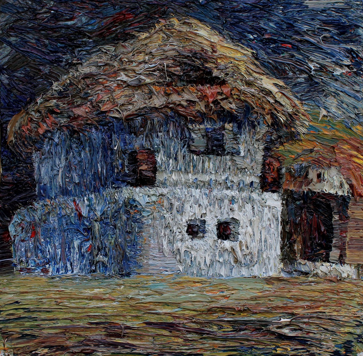 "Căsuță cu stuf" by Ioan Postică, 2015, 420x420mm, ulei pe pânză