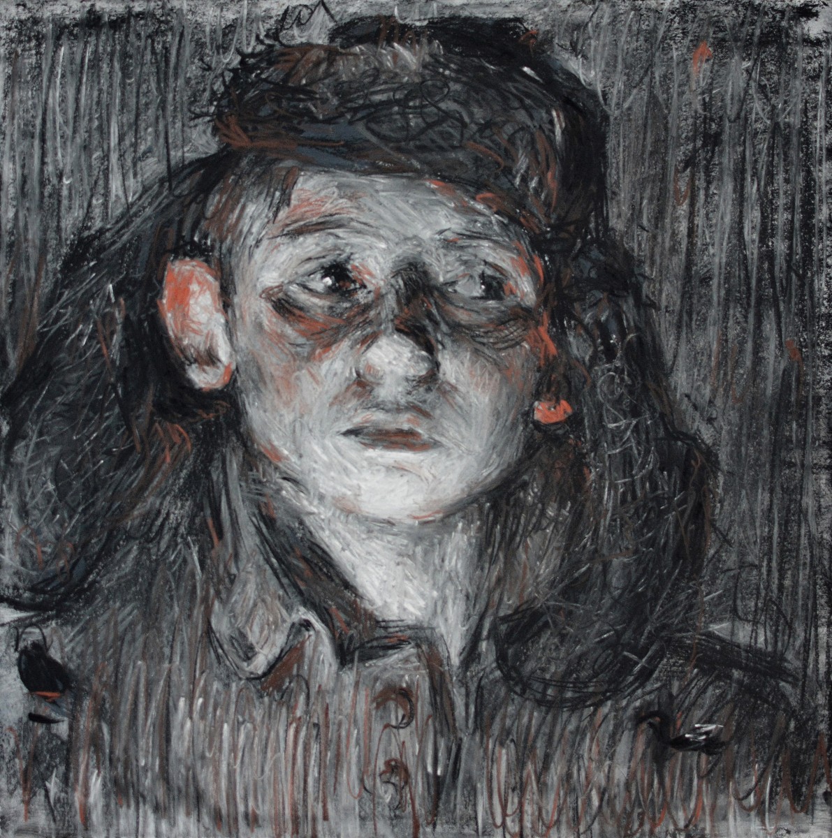 "Drawing. Portrait" by Vasile Corețchii, 400x400mm, Russian sauce and sanguine on paper