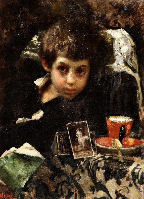 "Painting. Portrait" by Antonio Mancini, oil on canvas