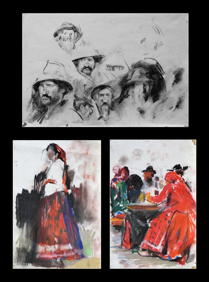 "Drawing. Figure" by Gheorghe Lisița, 290x400mm, 290x190mm x 2, Russian sauce and pastel on paper