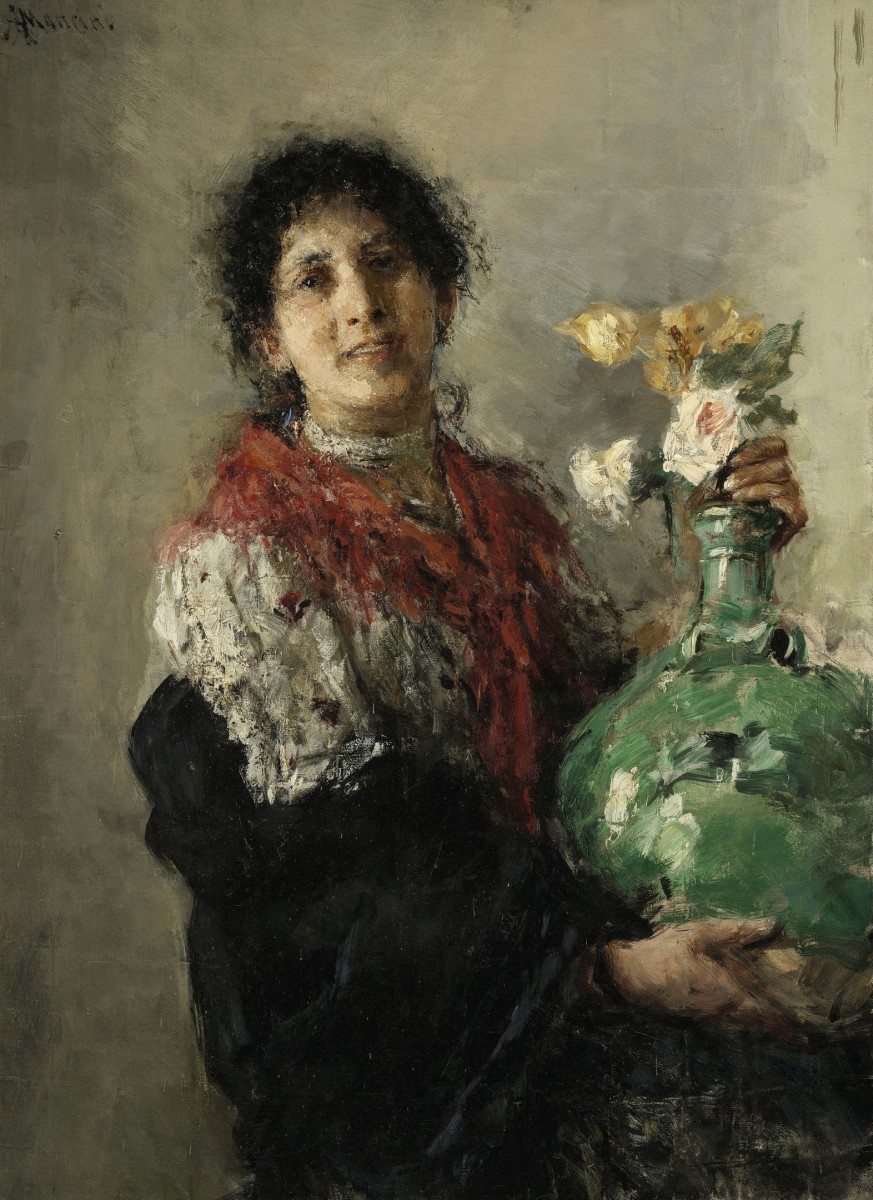 "Woman with a Green Vase" by Antonio Mancini, 1895, 88 cm x 63 cm, ulei pe pânză