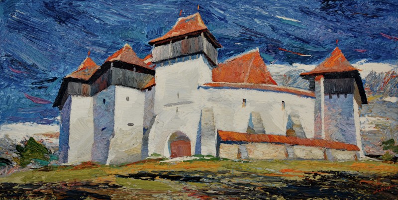 "Fortress Viscri" by Anatol Ghimpu, 2017, 420x840mm, oil on canvas