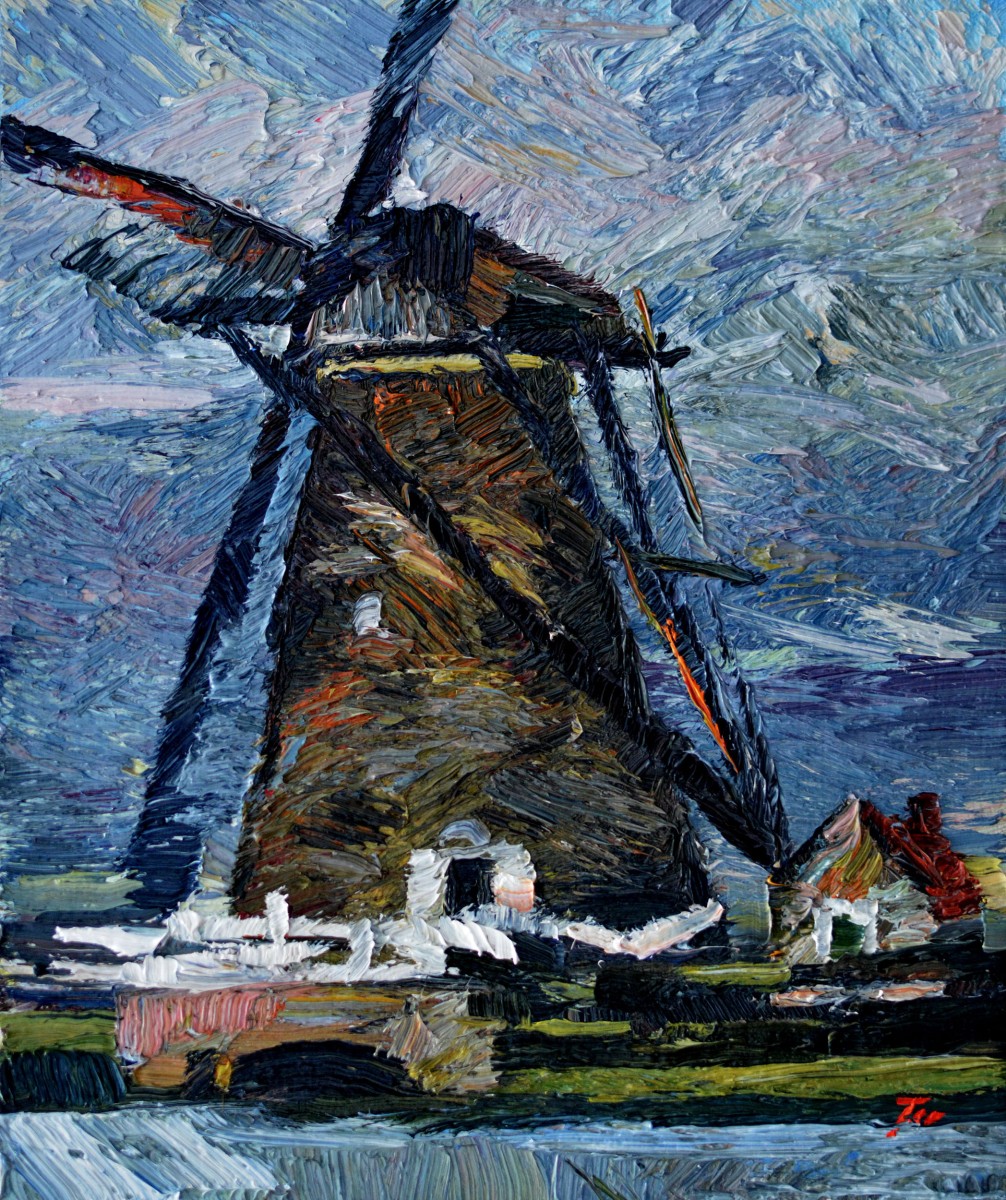 "Windmill. Kinderdijk" by Oxana Țip, 2020, 300x250mm, ulei pe pânză
