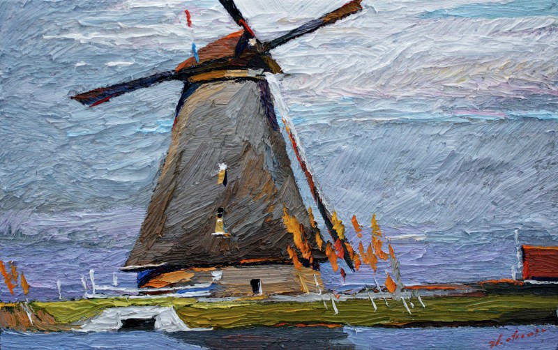 "Windmill. Kinderdijk" by Анатол Гимпу, 2020, 250x400mm, масло / холст