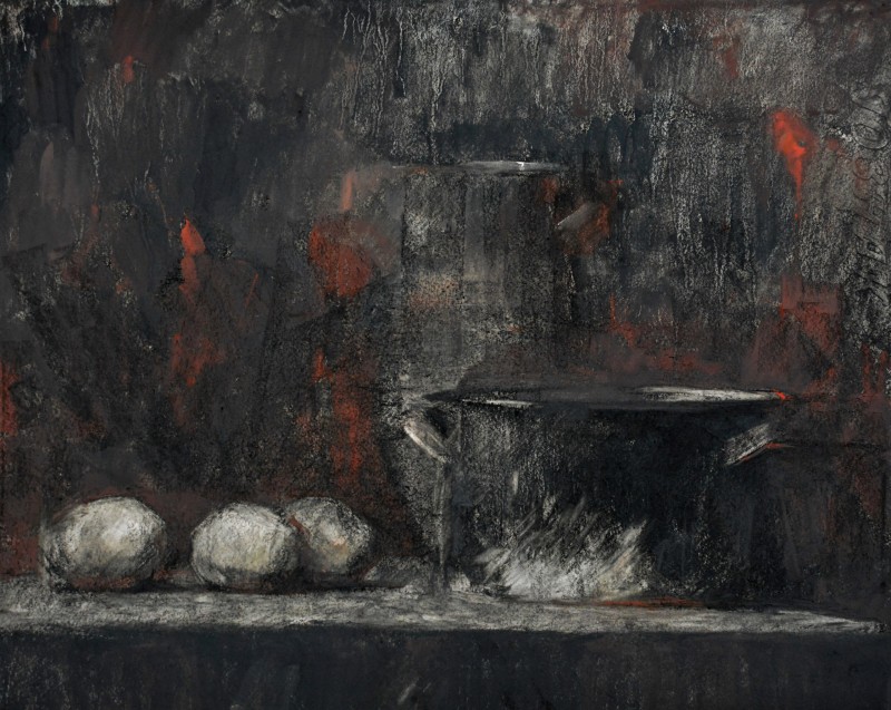 "Natură statică" by Victor Teslaru, 2016, 400x500mm, Russian sauce and pastel on paper