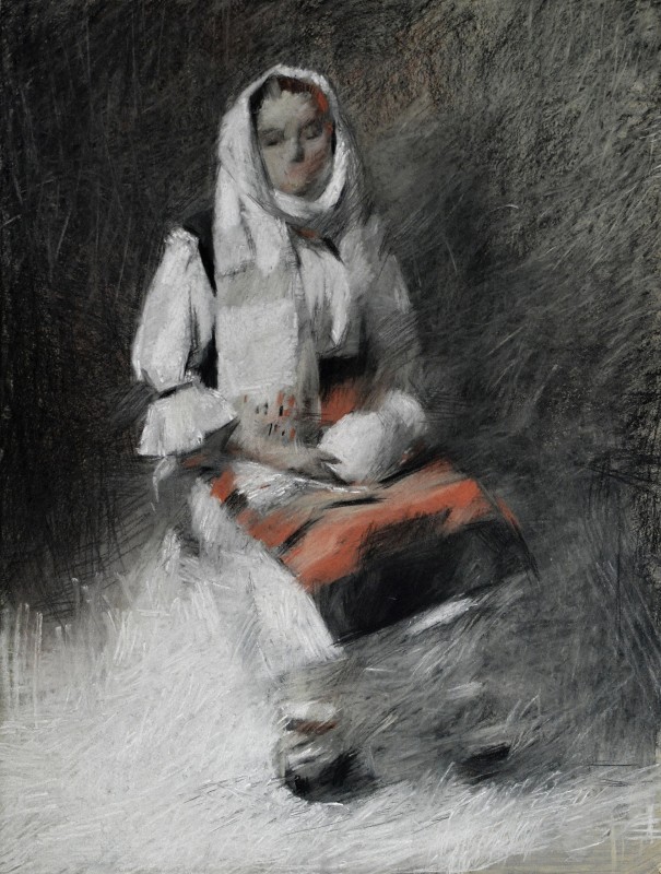 "Figure in national costume" by Ion Golubei, 2015, 500x400mm, Russian sauce and sanguine on paper