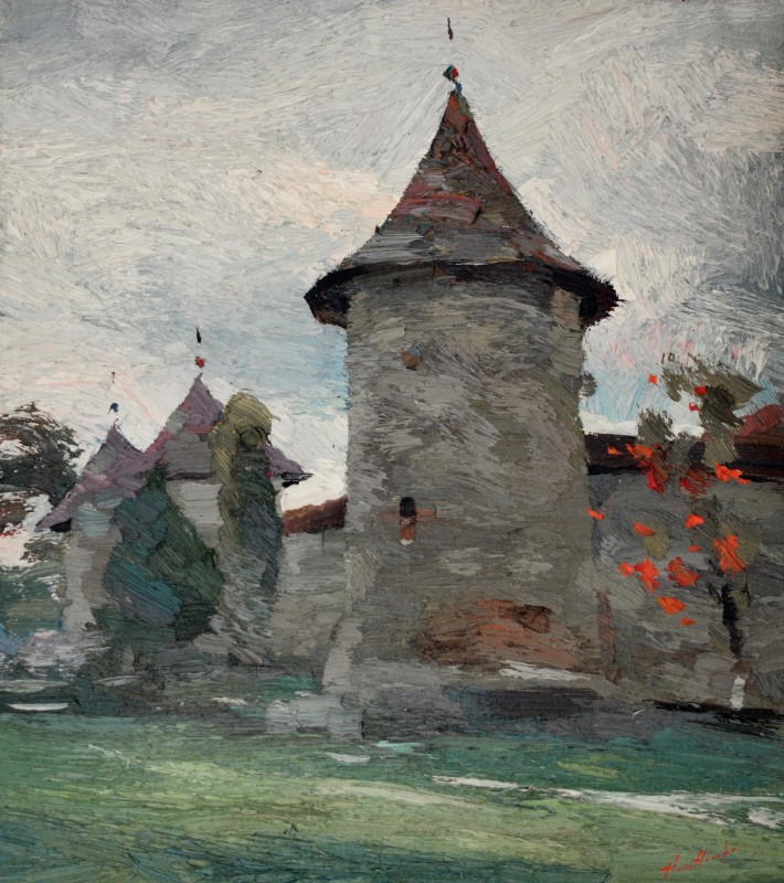 "Mănăstirea Moldovița" by Anatol Ghimpu, 1999, 520x460mm, ulei pe pânză