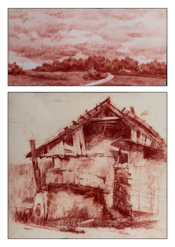 "Motiv. Butuceni" by Iulia Stratan, 2009, 200x400mm, 410x450mm, sanghină pe hârtie
