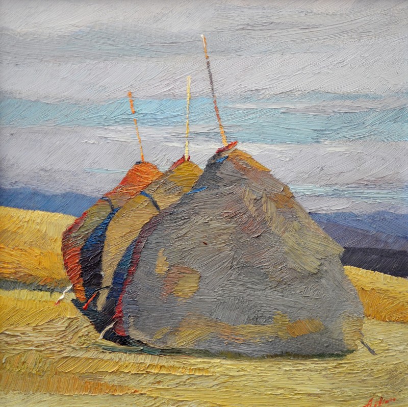 "Haystacks" by Anatol Ghimpu, 2000, 420x420mm, oil on canvas