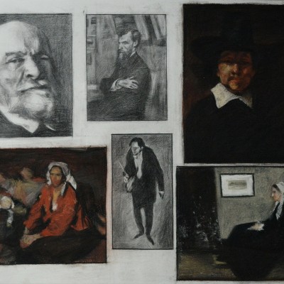 "Analiza operelor de artă" by Oxana Țip, 2002, 400x500mm, Creion și pastel pe hârtie