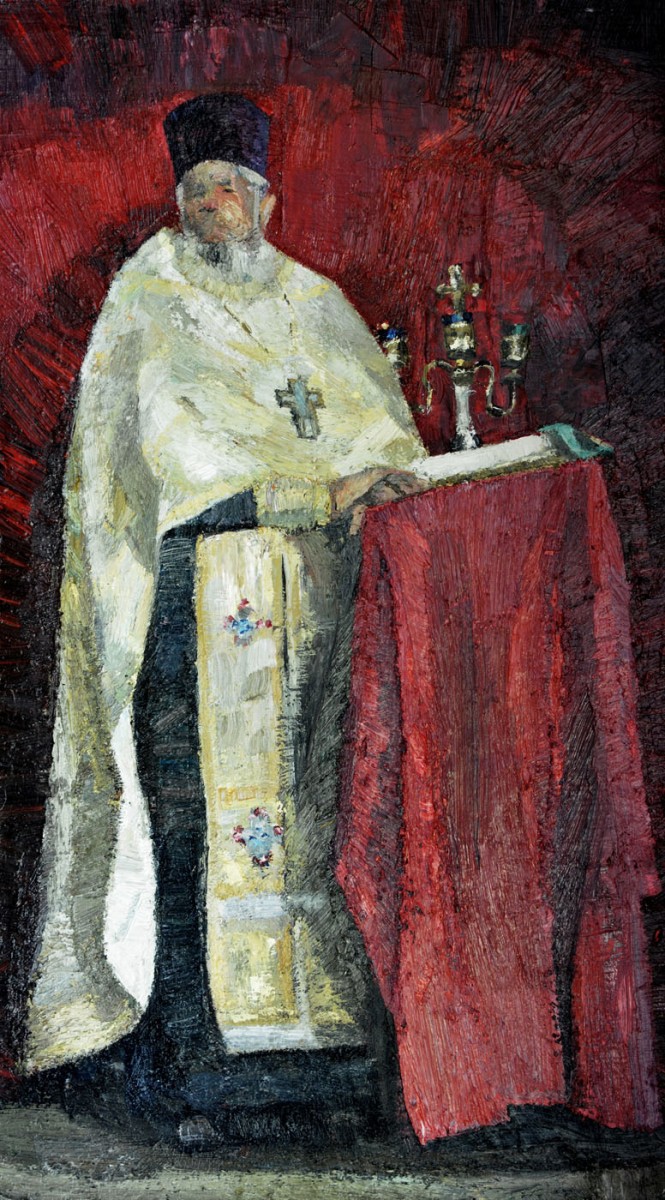 "Figură. Preot" by Nicolae Luca, 2009, 760x420mm, oil on canvas