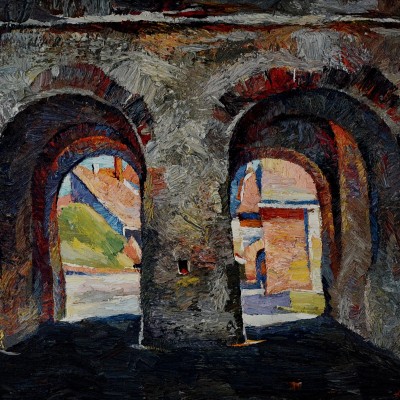 "Gates of Sighișoara" by Anatol Ghimpu, 2006, 420x520mm, ulei pe pânză