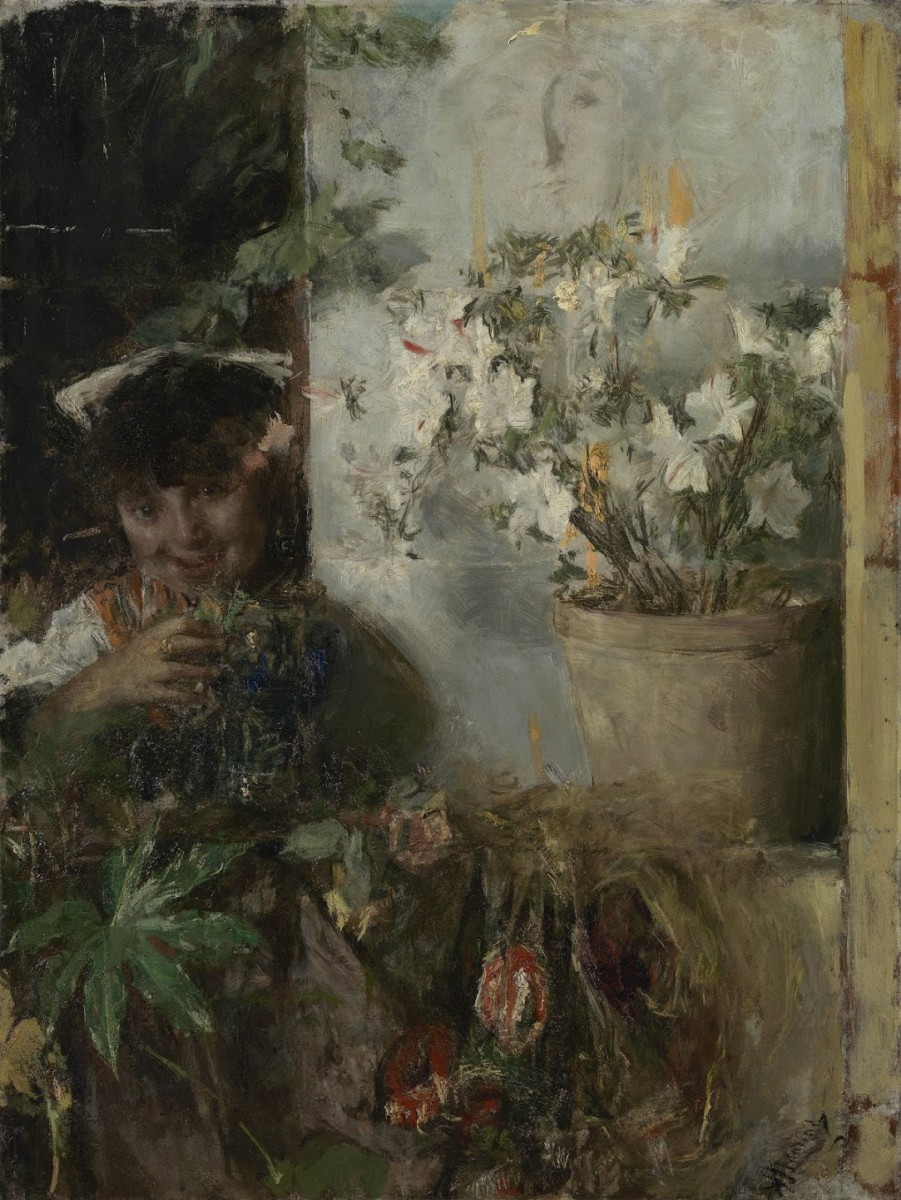 "Girl with Flowers" by Антонё Манcини, 1883, 100.0 cm x 75.3 cm, масло / холст
