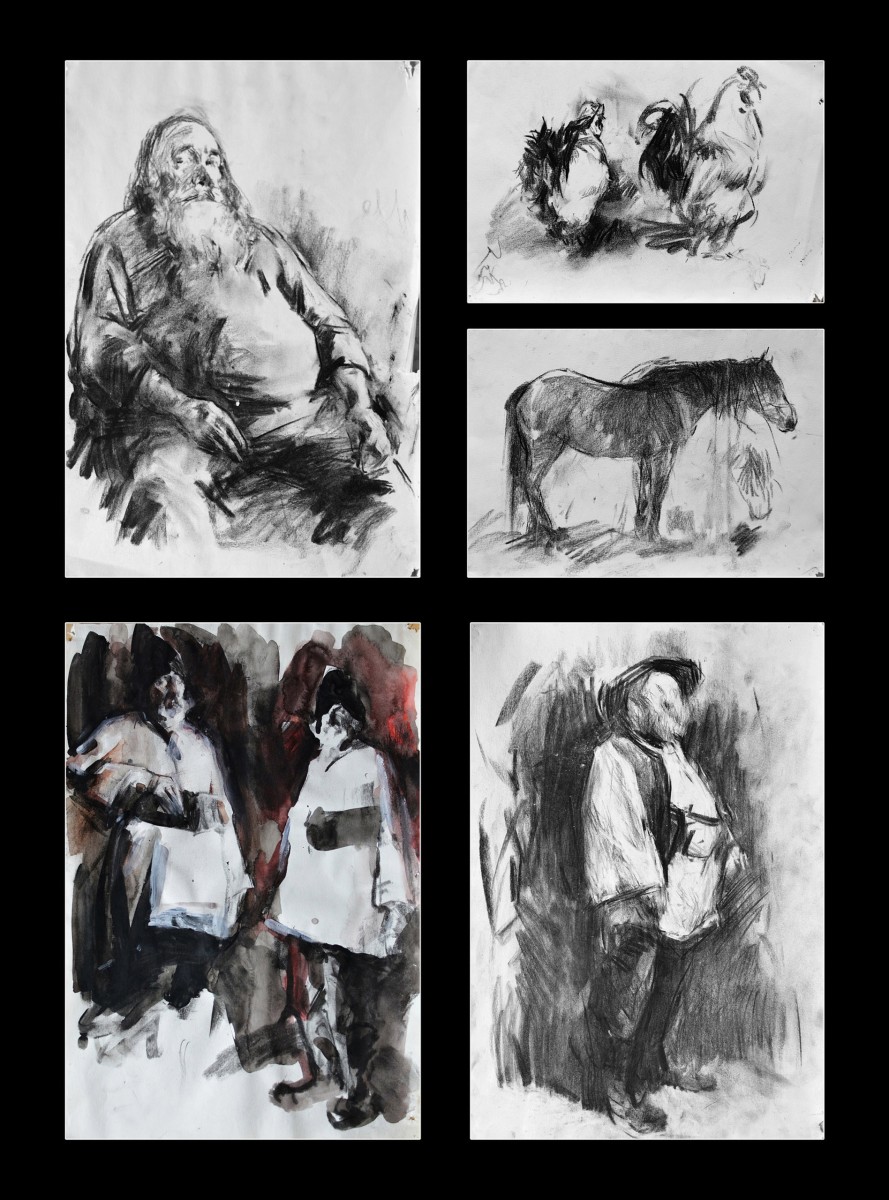 "Drawing. Figure" by Gheorghe Lisița, 400x290mm x 3, 190x270mm x 2, Russian sauce and pastel on paper