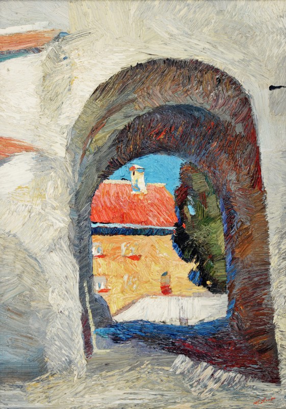 "Sighișoara" by Anatol Ghimpu, 2001, 520x600mm, oil on canvas