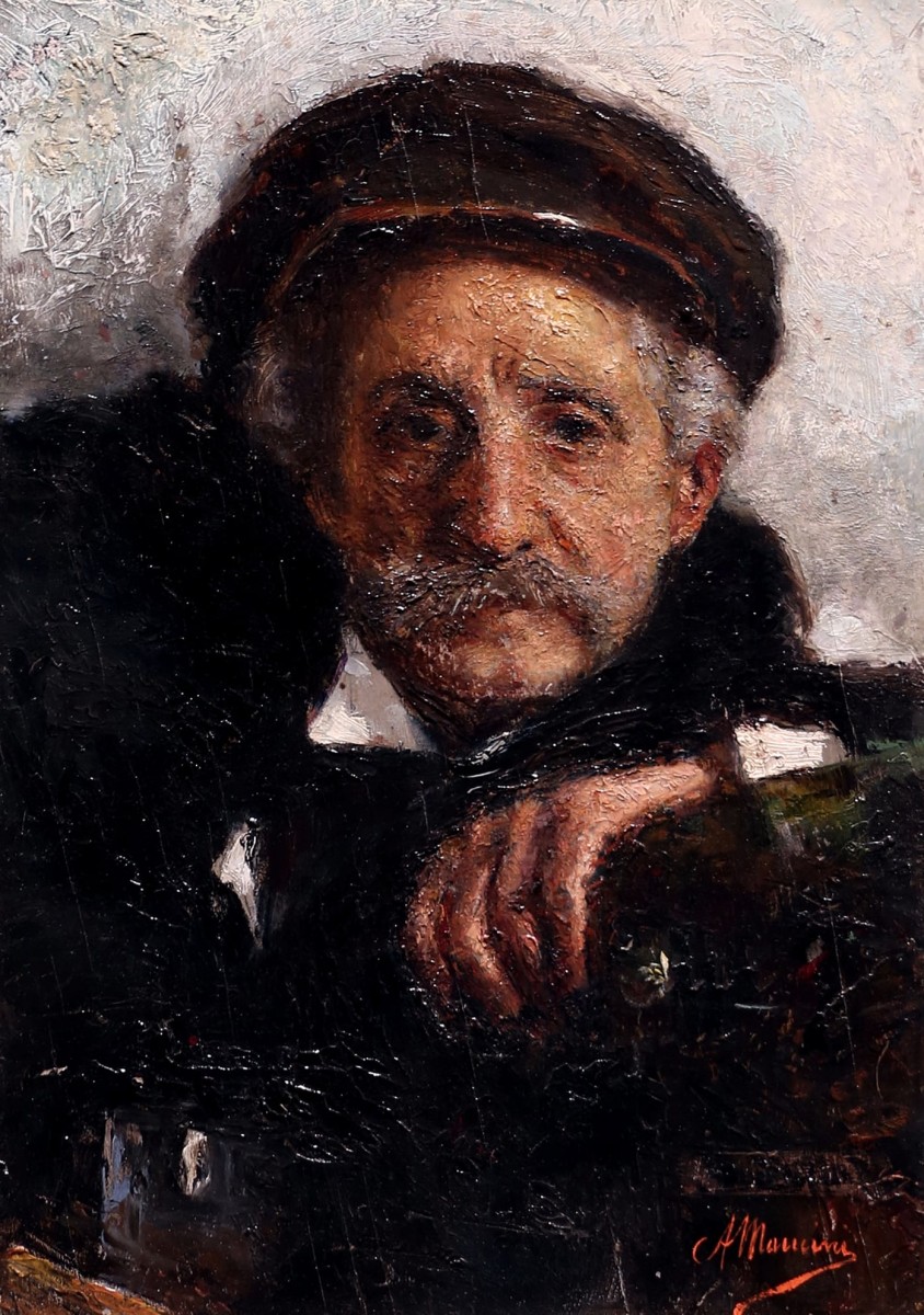"Painting. Portrait" by Antonio Mancini, oil on cardboard