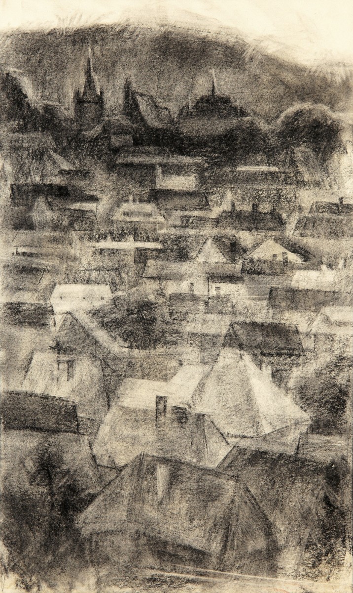 "Practica de vară. Sighișoara" by Alexandra Clapatiuc, 2008, 500x300mm, сărbune pe hârtie