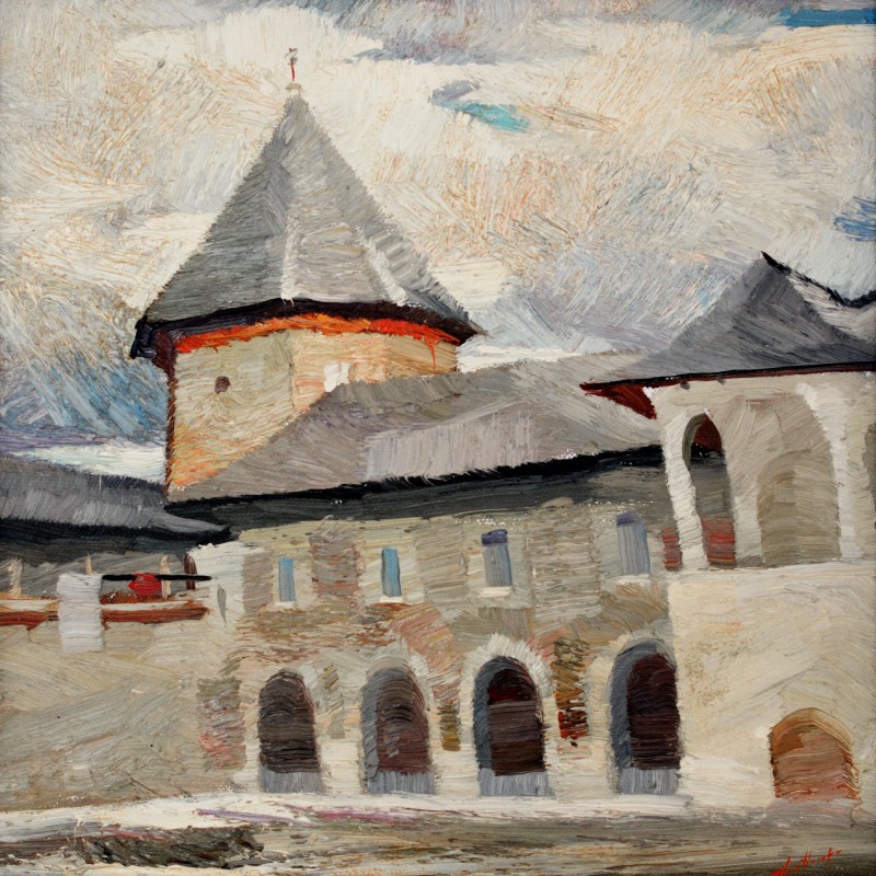 "Etude. Mănăstirea Sucevița" by Anatol Ghimpu, 2002, 520x520mm, oil on canvas