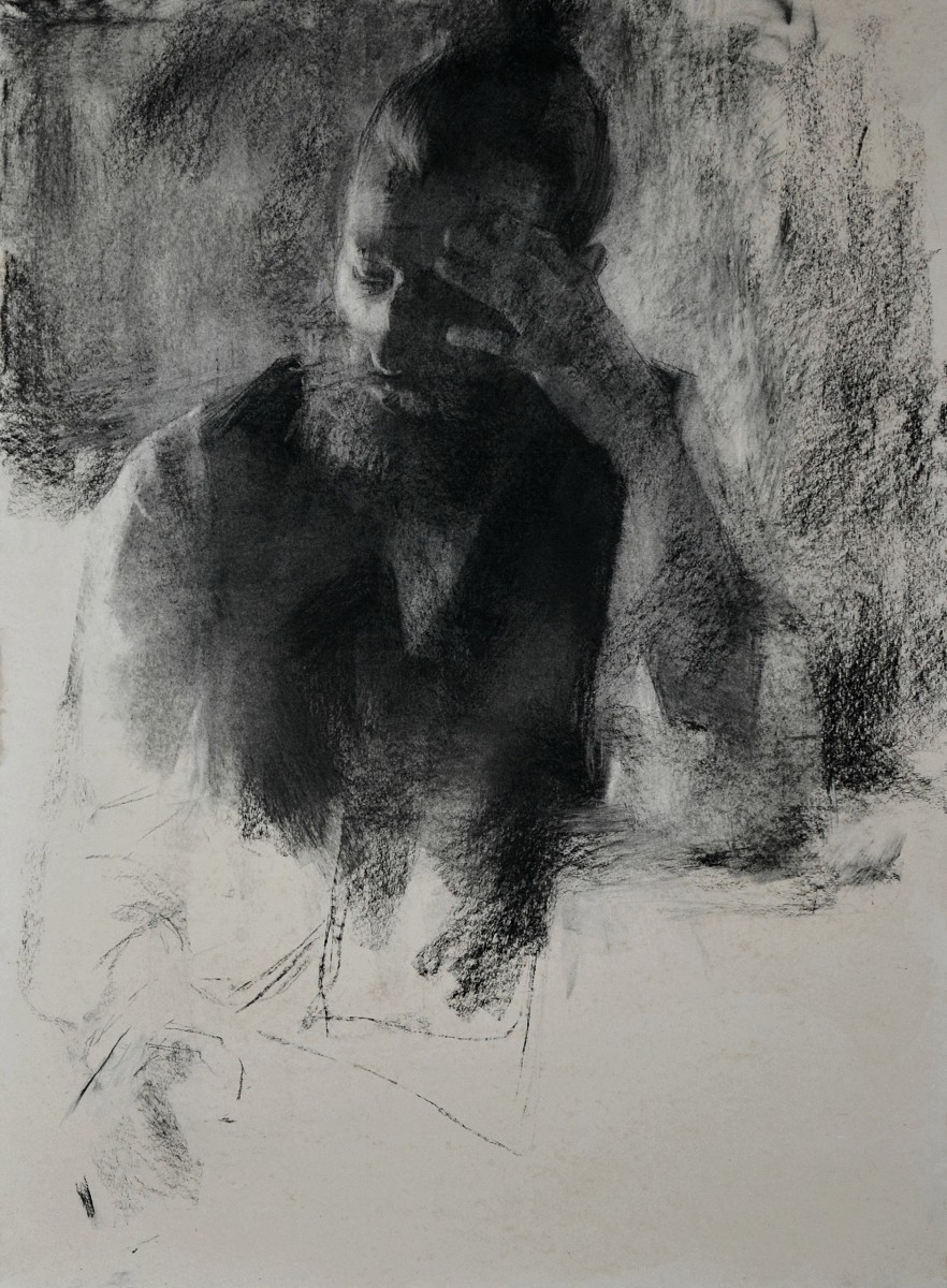 "Portret cu mâini" by Ion Golubei, 2016, 750x500mm, Russian sauce pe hârtie
