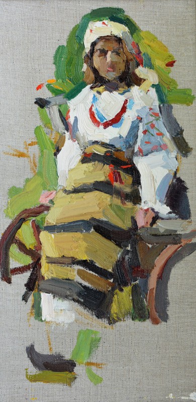 "Studiu. Figură în național" by Cătălin Graur, 2016, 400x200mm, oil on canvas