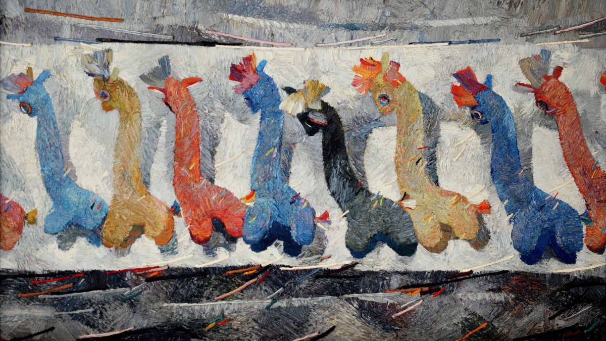 "In the workshop. Giraffes II" by Anatol Ghimpu, 2001, 680x1200mm, oil on canvas