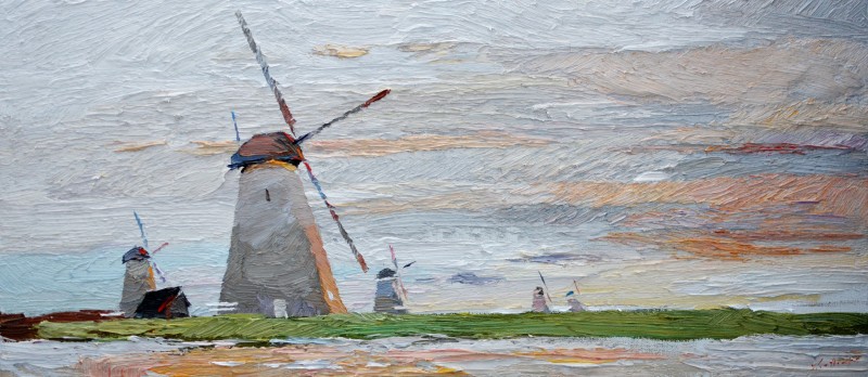 "Windmills. Kinderdijk" by Anatol Ghimpu, 2020, 300x680mm, ulei pe pânză