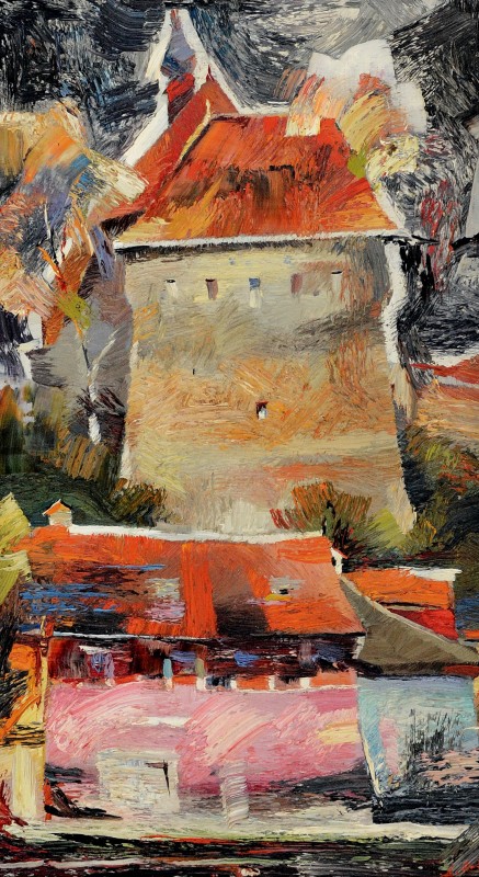 "Sighișoara" by Anatol Ghimpu, 2001, 740x420mm, ulei pe pânză