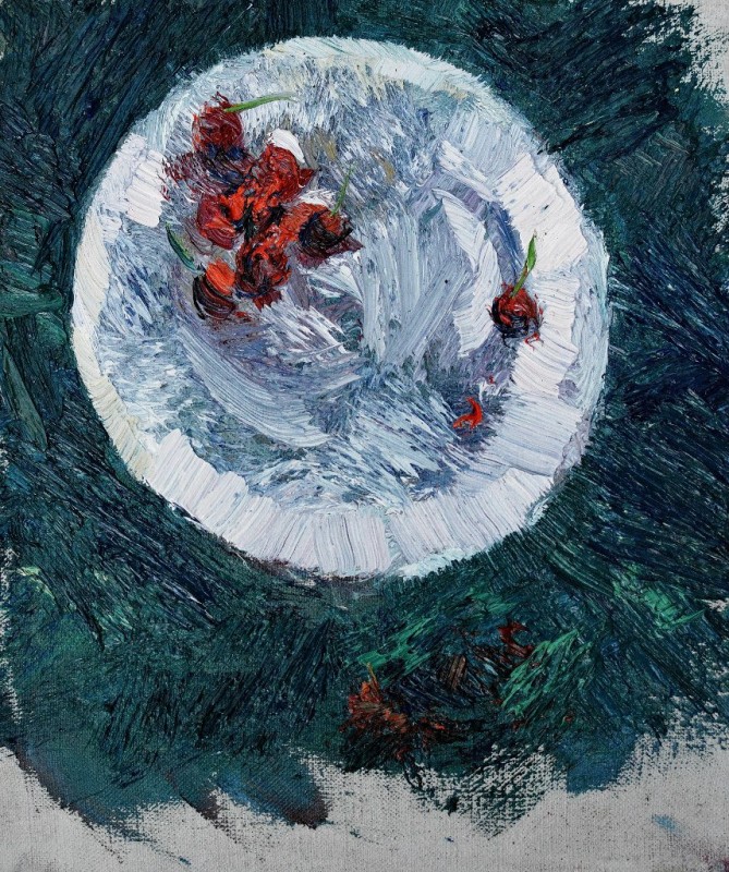 "Natură statică cu cireși" by Cristina Demian, 2015, 300x250mm, ulei pe pânză