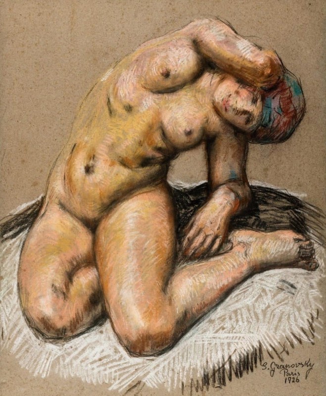 "Female nude with head covering" by Samuel Solomonovich Granovsky, 1926, pastel on paper