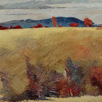 "Peisaj. Maramureș" by Anatol Ghimpu, 2000, 420x840mm, ulei pe pânză