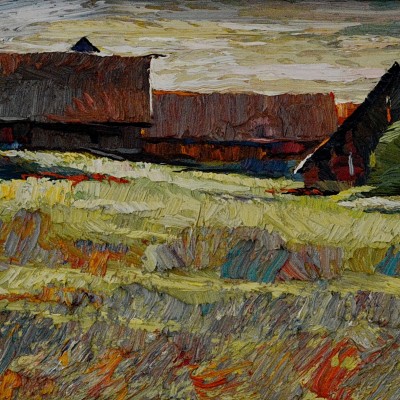 "Peisaj. Sibiu" by Anatol Ghimpu, 2005, 260x600mm, ulei pe pânză