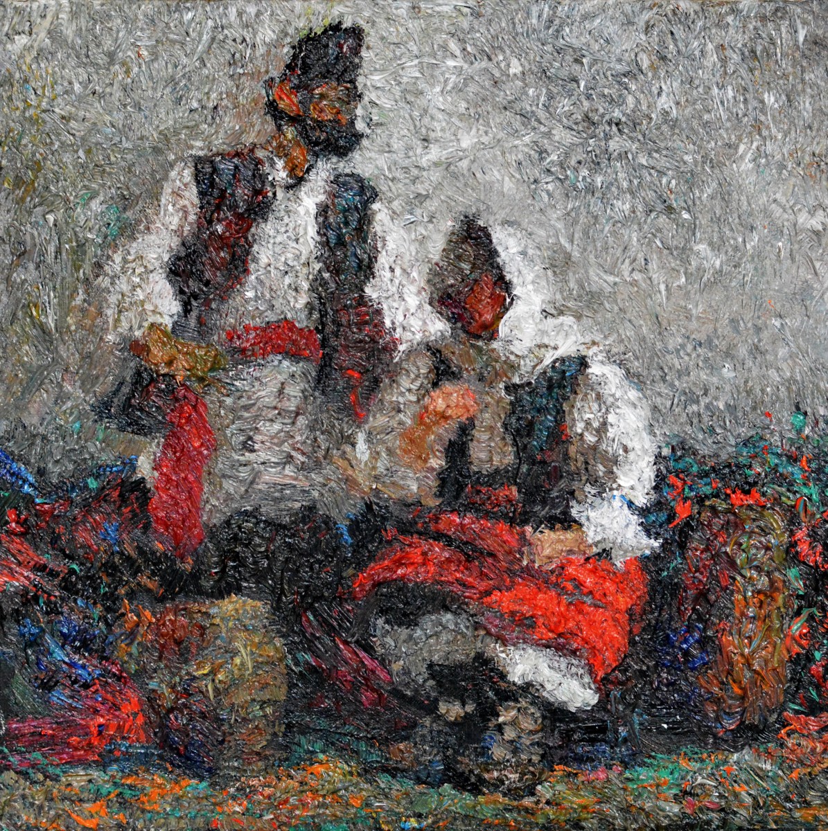 "Studiu. Figură dublă în național" by Victor Teslaru, 2015, 420x420mm, ulei pe pânză