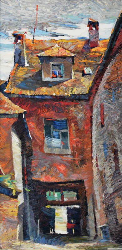 "Motiv. Sighișoara" by Anatol Ghimpu, 2002, 600x300mm, ulei pe pânză