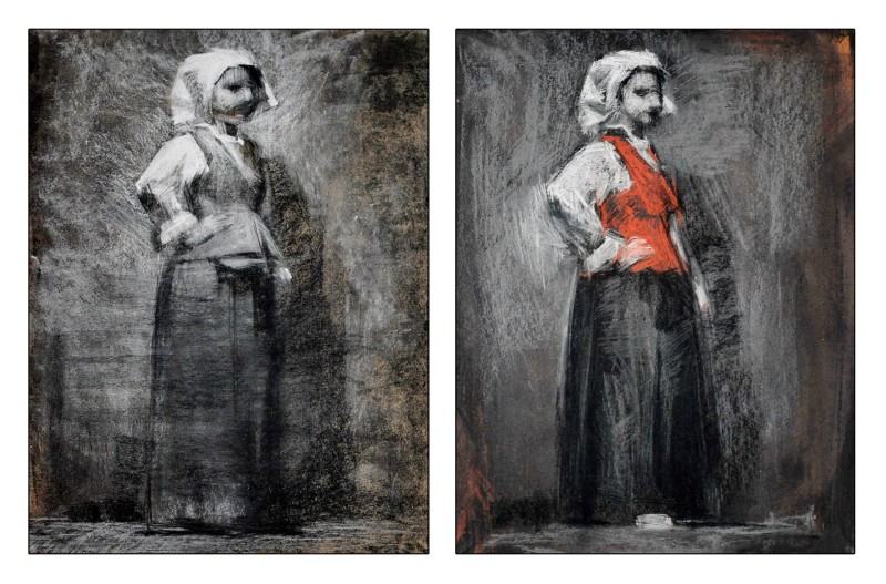 "Figură olandeză" by Ion Golubei, 2016, 400x300mm x 2, Russian sauce and pastel on paper