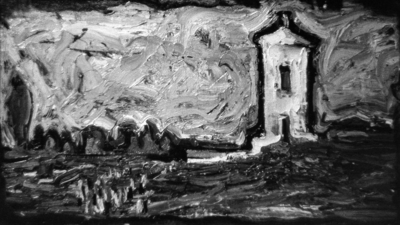 "The white belfry" by Anatol Ghimpu, 1979, 250x400mm, oil on canvas