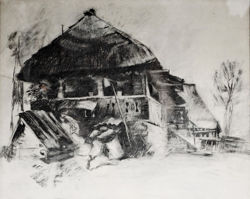 "Maramureș. House" by Oxana Țip, 2004, 400x500mm, Russian sauce on paper