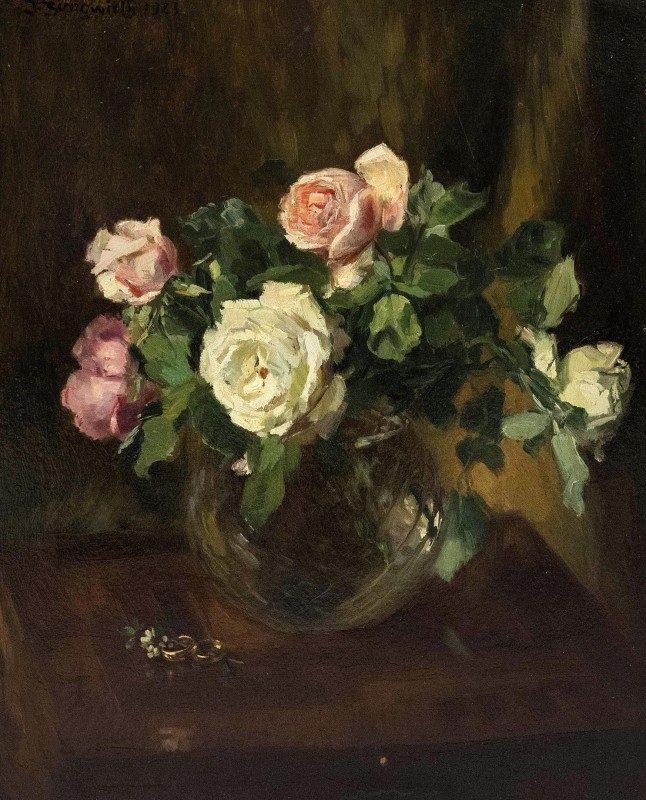 "Stillleben mit Rosen in Glasvase und zwei..." by Josef Jungwirth, 1923, 51 x 41.5 cm. (20.1 x 16.3 in.), oil on cardboard