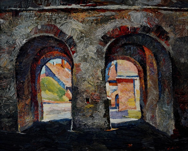 "Gates of Sighișoara" by Anatol Ghimpu, 2006, 420x520mm, ulei pe pânză