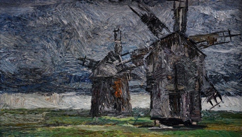 "Windmills. Sibiu, museum ASTRA" by Ion Golubei, 2015, 300x520mm, oil on canvas