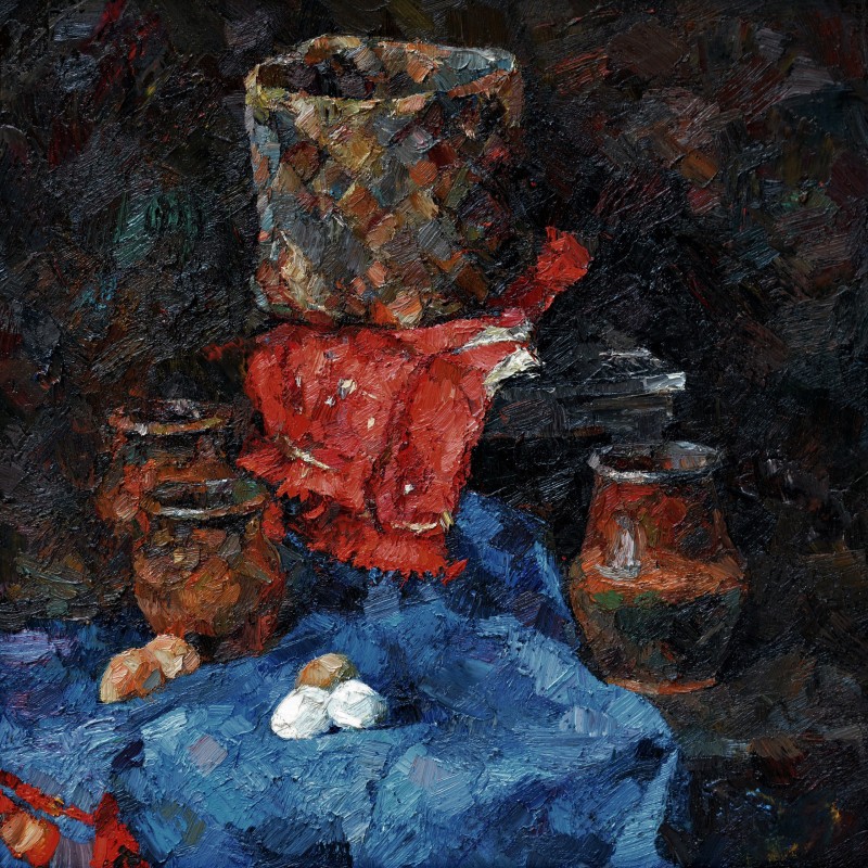 "Natură statică tematică" by Doina Mîndrean, 2019, 680x680mm, ulei pe pânză