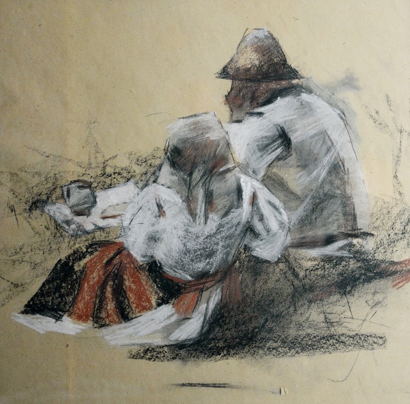 "Crochiu. Figură dublă. Național" by Vlada Cibuc, 2016, 400x400mm, Russian sauce and pastel on paper